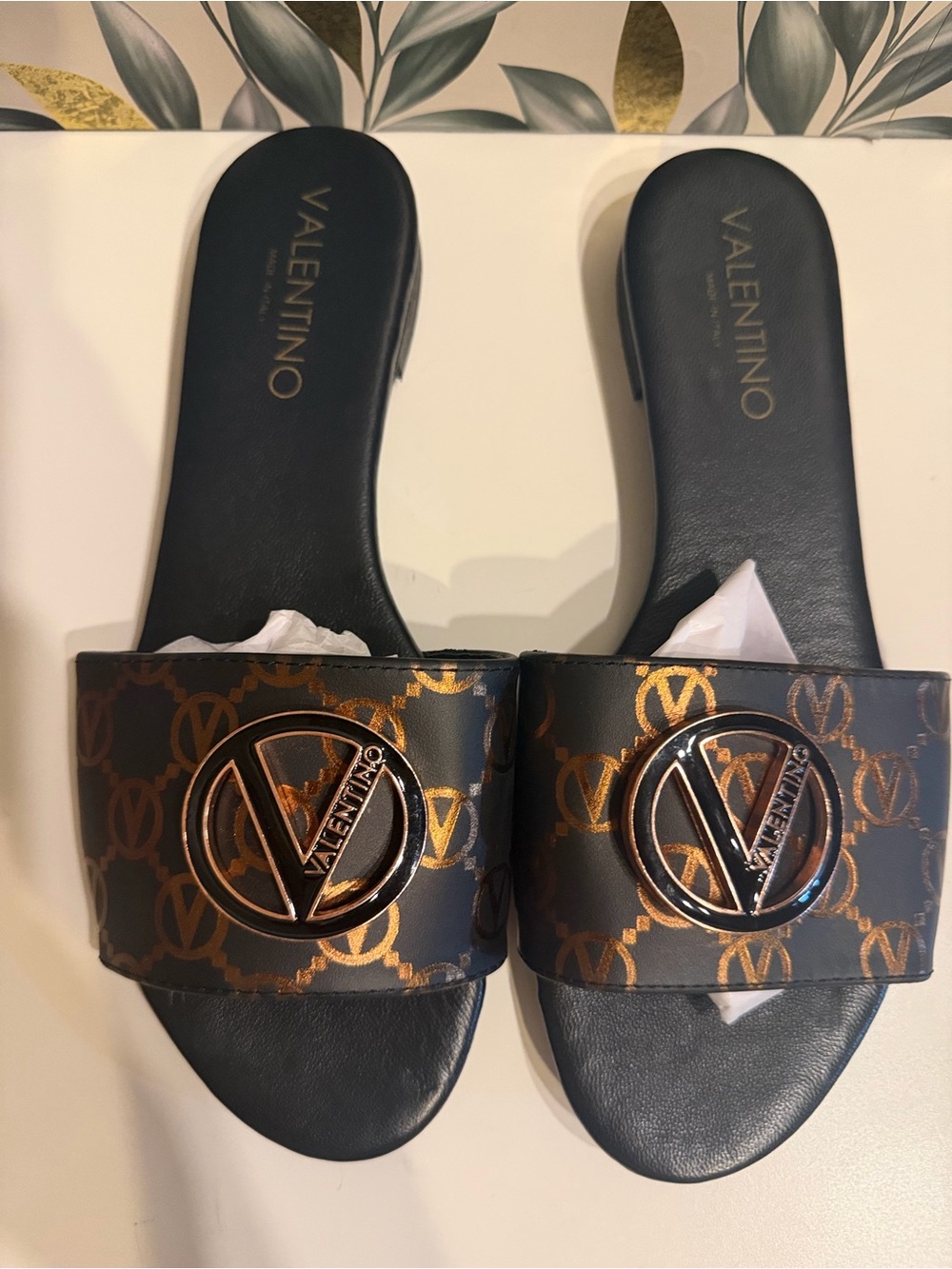 Valentino Black & Bronze Monogram V-Logo Slide Mules